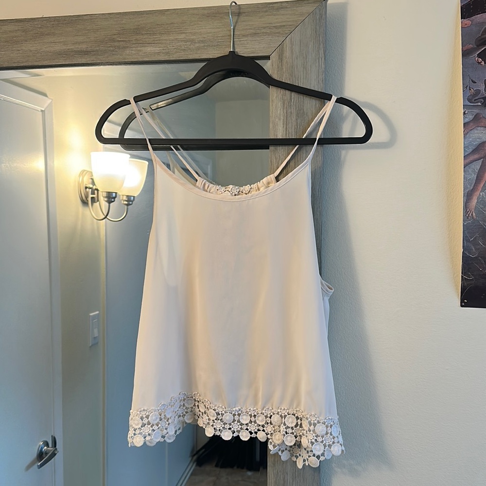Women’s white chiffon spaghetti tank top with crochet detail